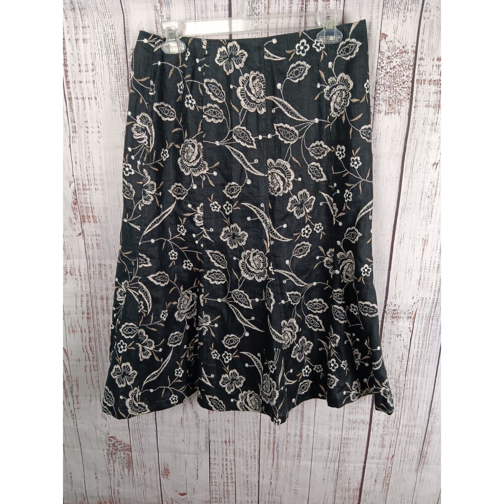 Kim Rogers Midi Skirt Women’s 8  Floral 100% Linen Black Beige Zip Up